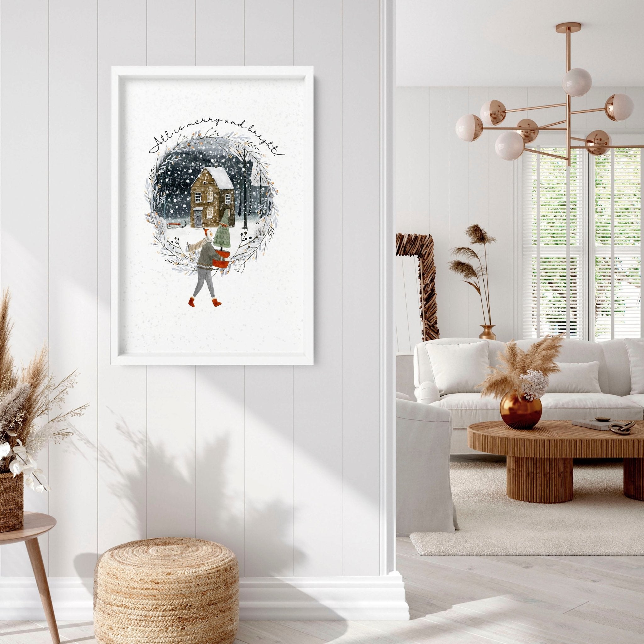 Scandinavian Christmas wall art print featuring a snowy village scene with a person carrying a Christmas tree, perfect for festive home decor.