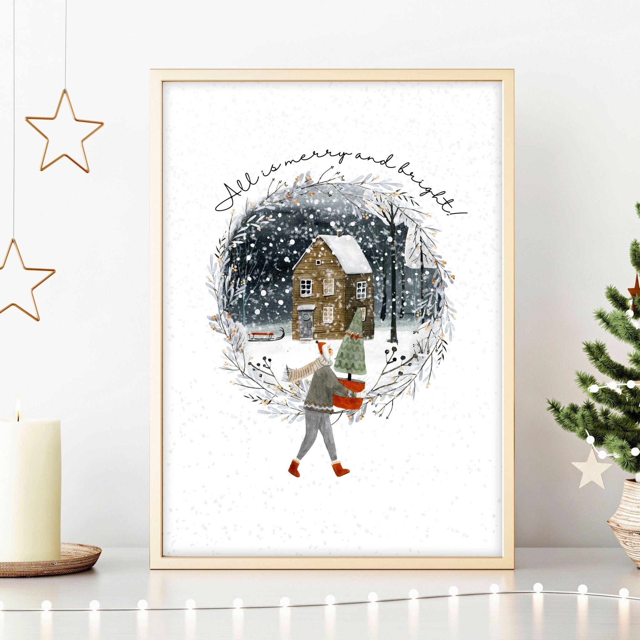 Scandinavian Christmas wall art print featuring a snowy village scene with a person carrying a Christmas tree, perfect for festive home decor.