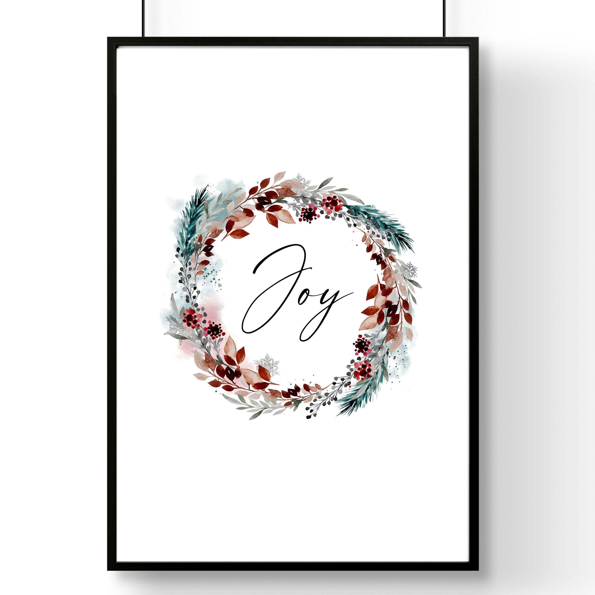 A vibrant watercolour wreath featuring holly leaves and berries with the word 'Joy' elegantly handwritten in the center, perfect for Christmas decor.