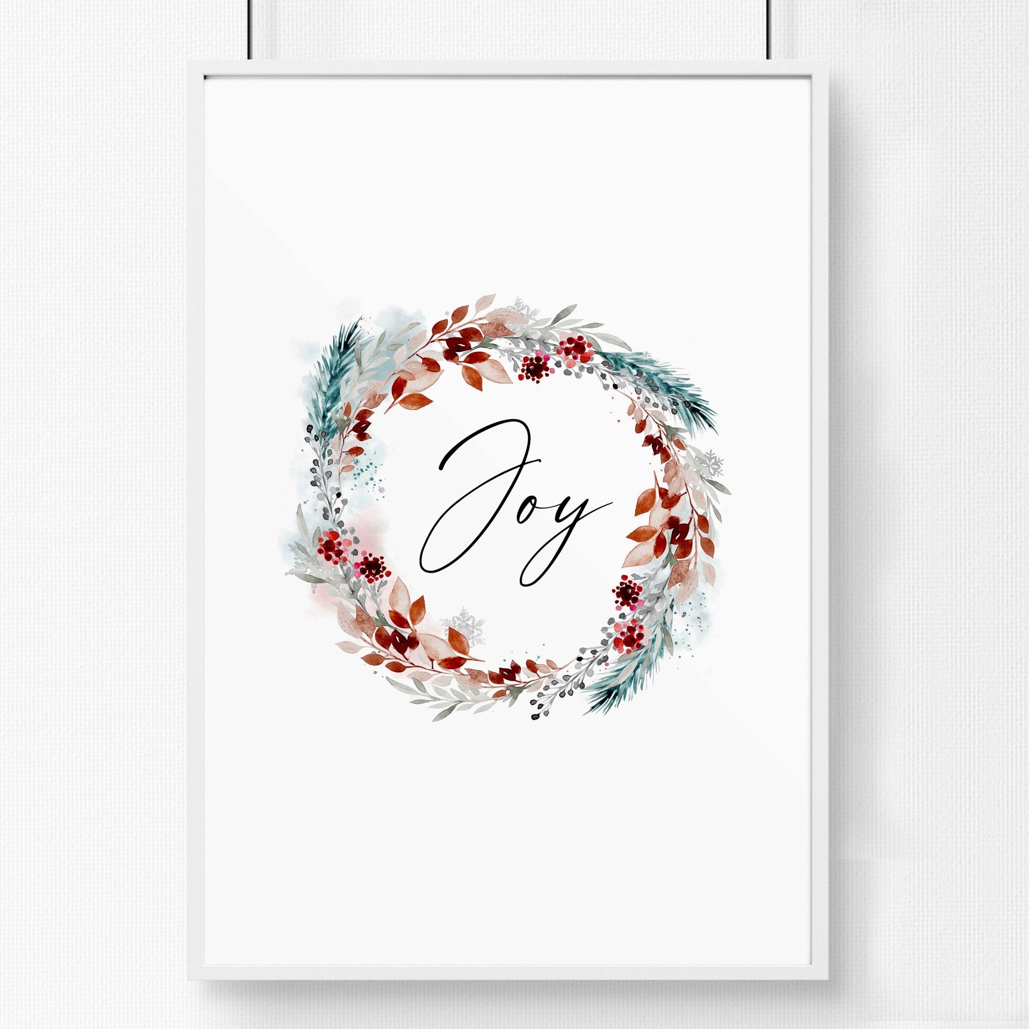 A vibrant watercolour wreath featuring holly leaves and berries with the word 'Joy' elegantly handwritten in the center, perfect for Christmas decor.