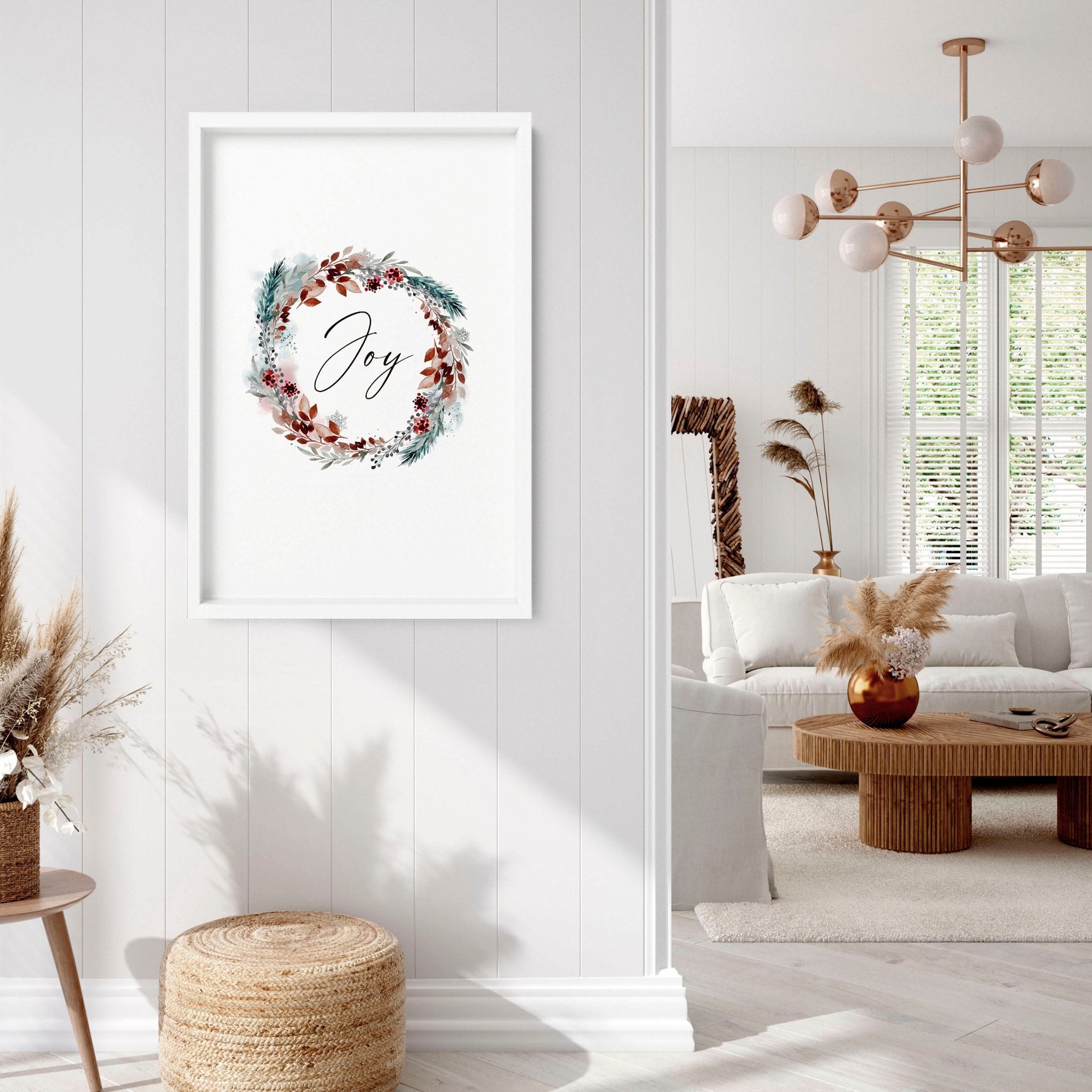 A vibrant watercolour wreath featuring holly leaves and berries with the word 'Joy' elegantly handwritten in the center, perfect for Christmas decor.