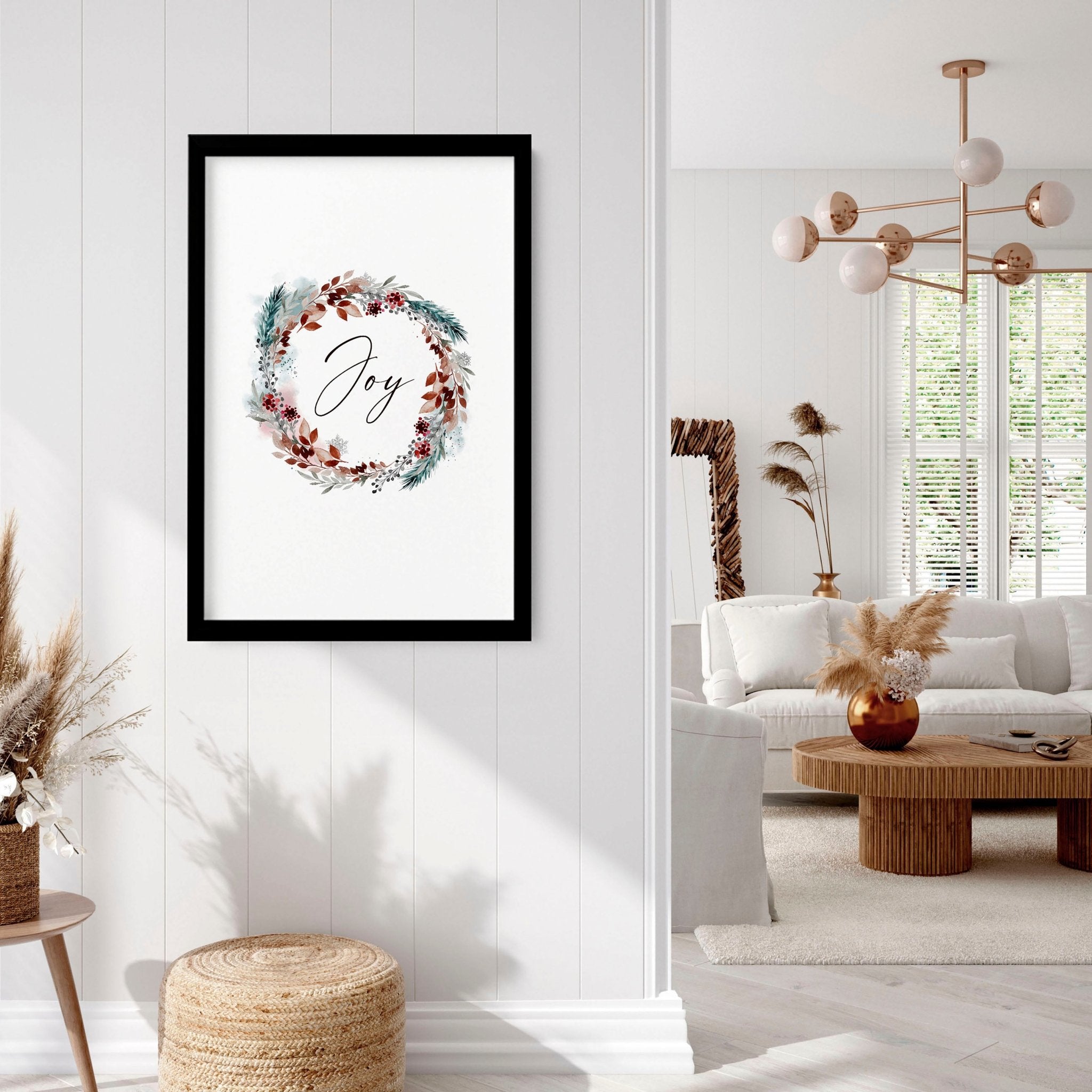 A vibrant watercolour wreath featuring holly leaves and berries with the word 'Joy' elegantly handwritten in the center, perfect for Christmas decor.