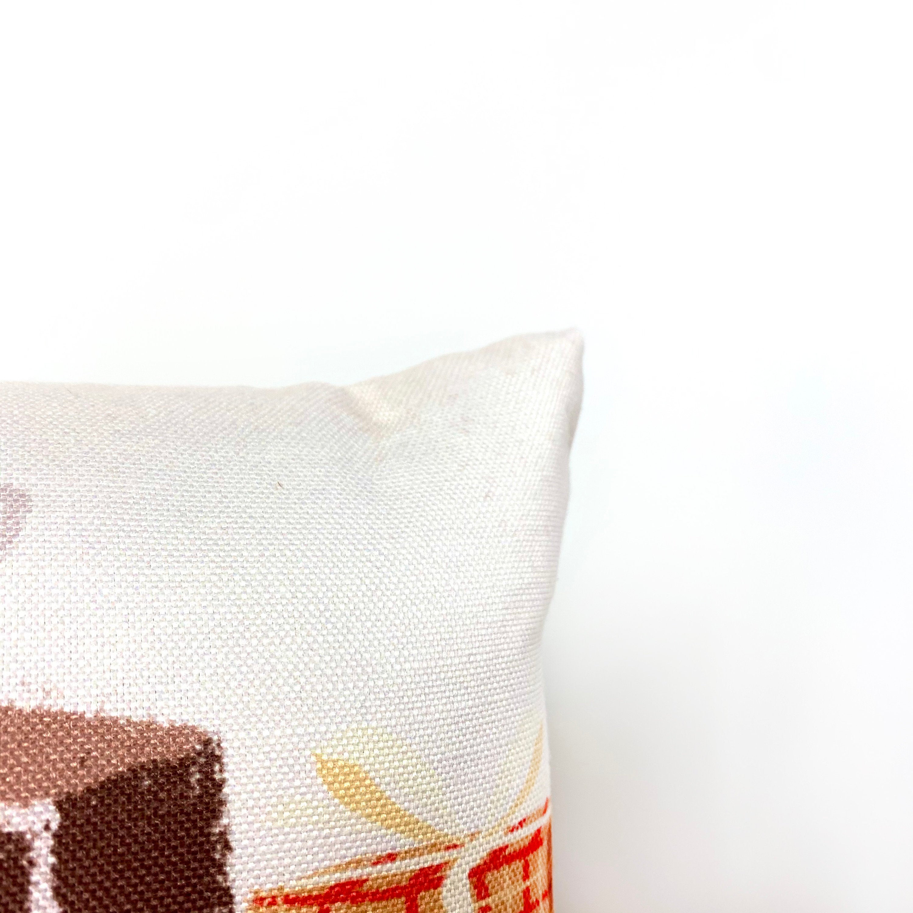 Christmas Gift Train throw pillow cover featuring a toy train carrying wrapped presents on a cream background, perfect for holiday decor.