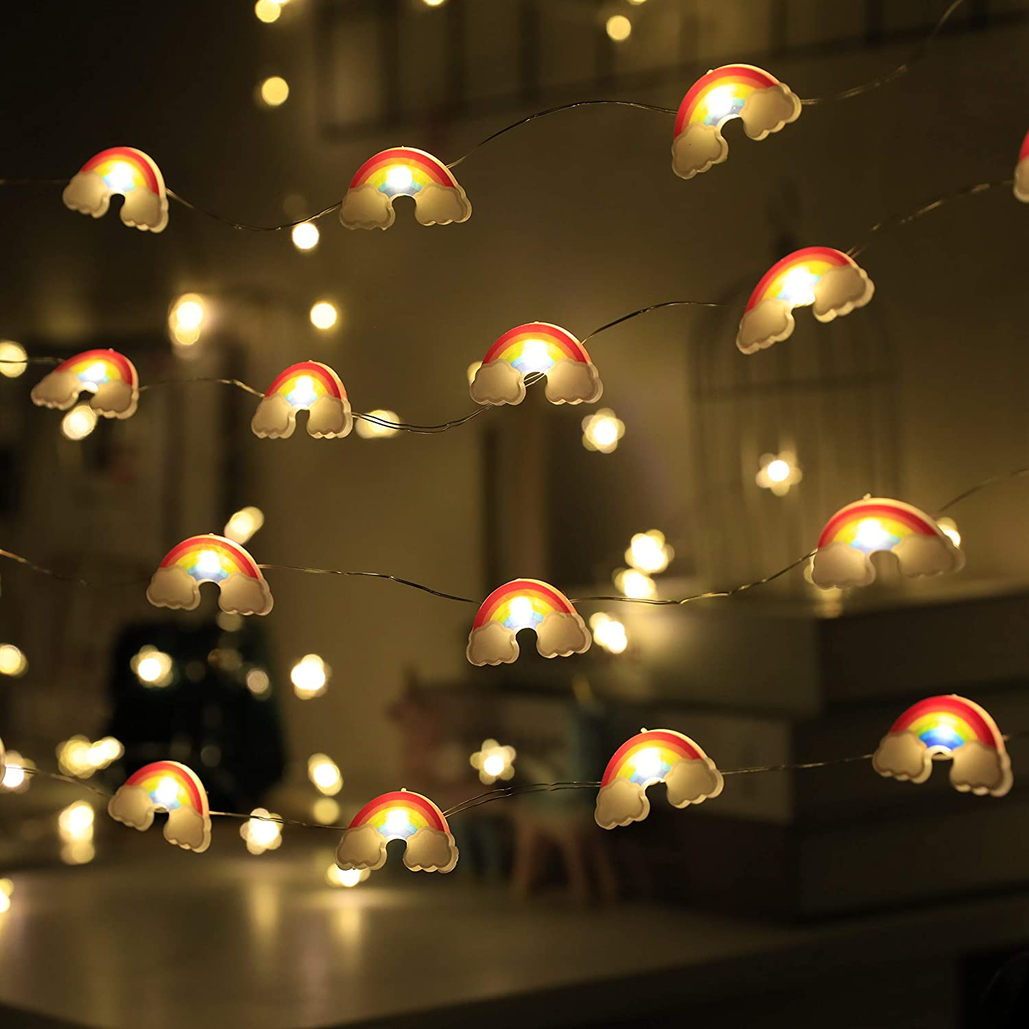 Colorful Christmas Rainbow String Lights with 30 LED bulbs, showcasing a festive and cozy atmosphere, perfect for holiday decorations.