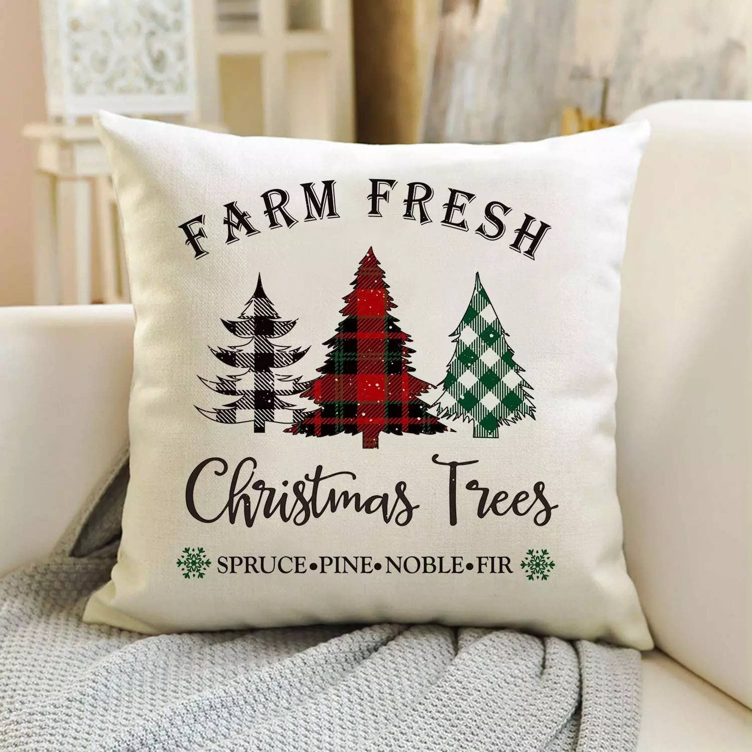 Christmas throw pillow cover featuring a charming Tree Farm design, perfect for holiday decor.