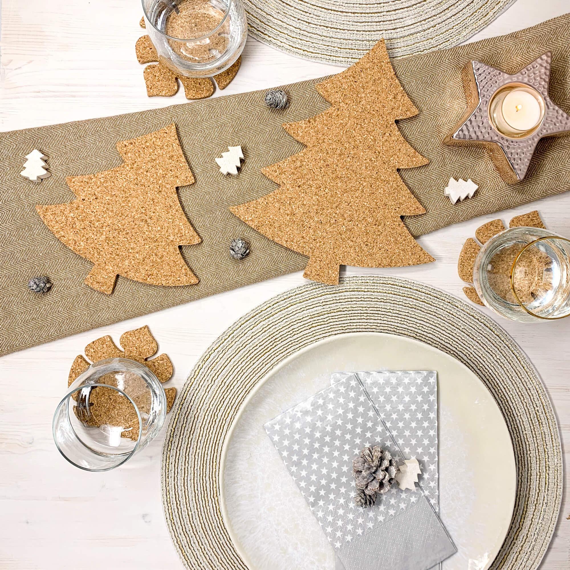 Set of 2 Christmas tree shaped cork trivets, eco-friendly coasters for festive dining, showcasing elegant design and natural texture.