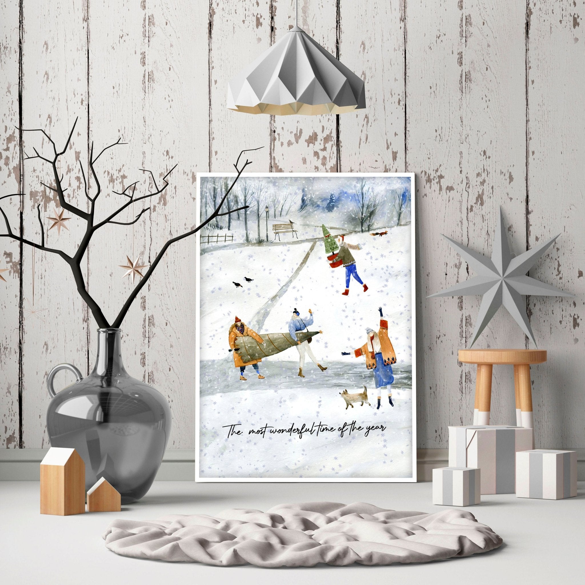 A beautifully designed Christmas wall hanging decoration art print featuring snowflakes and Christmas trees in muted colors.