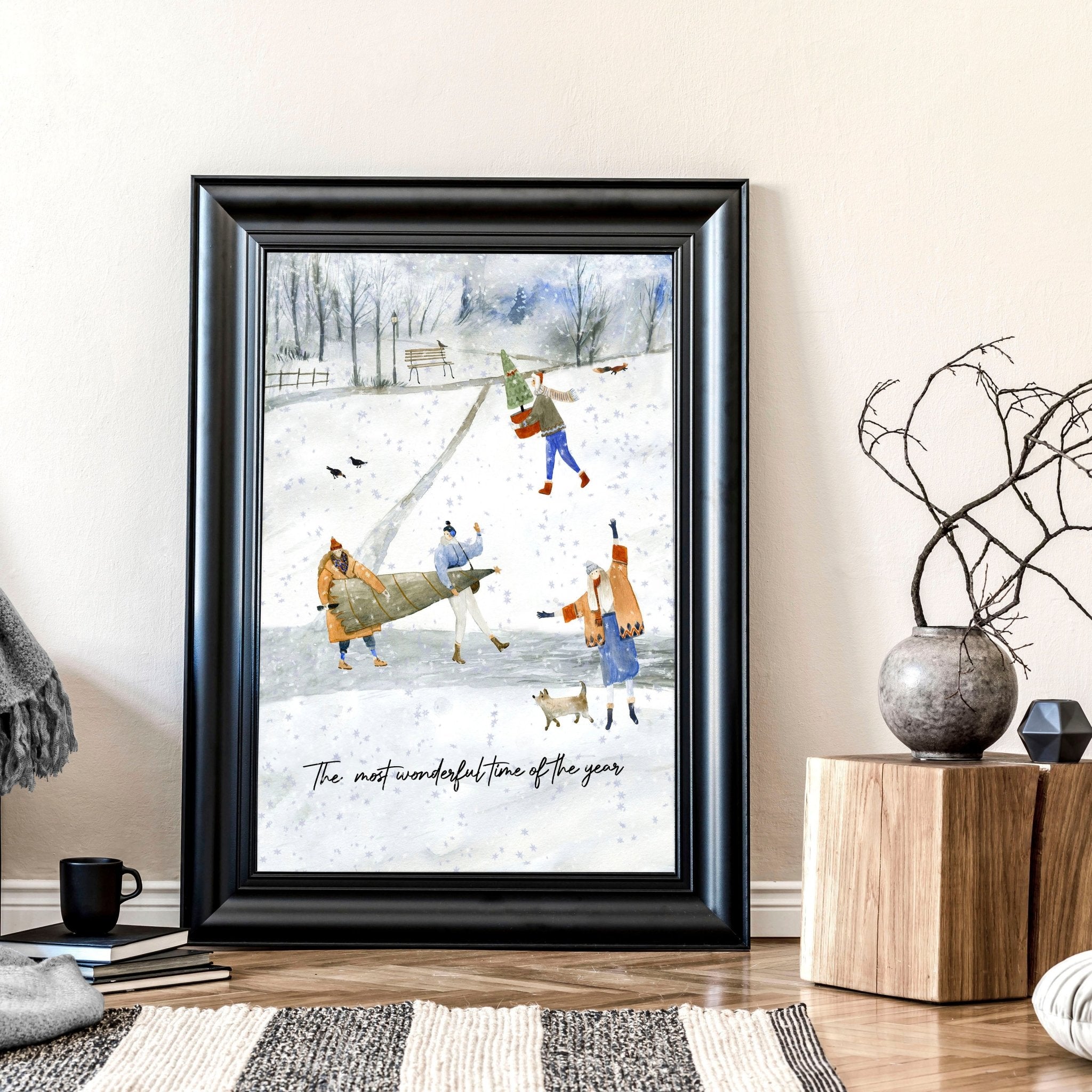 A beautifully designed Christmas wall hanging decoration art print featuring snowflakes and Christmas trees in muted colors.