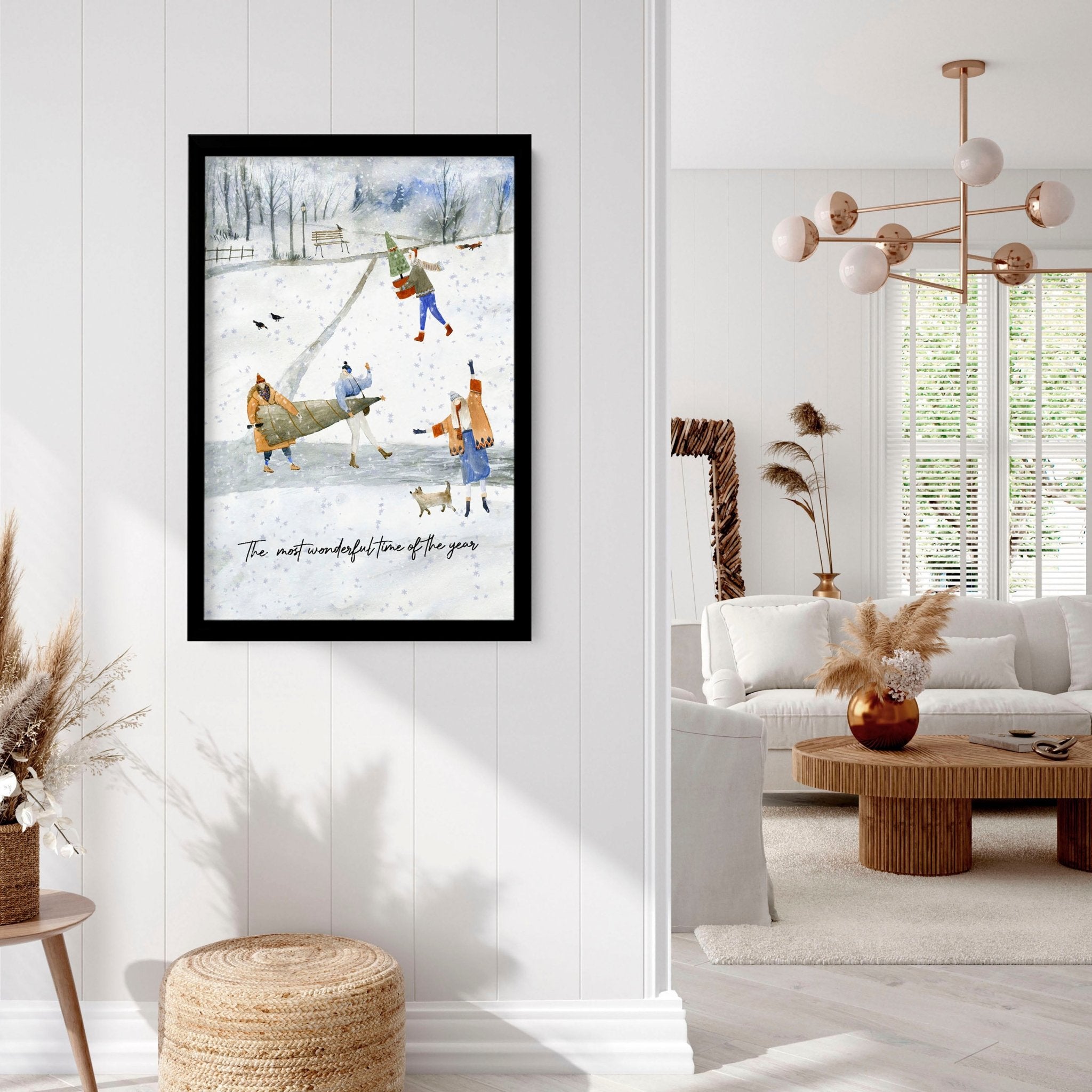 A beautifully designed Christmas wall hanging decoration art print featuring snowflakes and Christmas trees in muted colors.