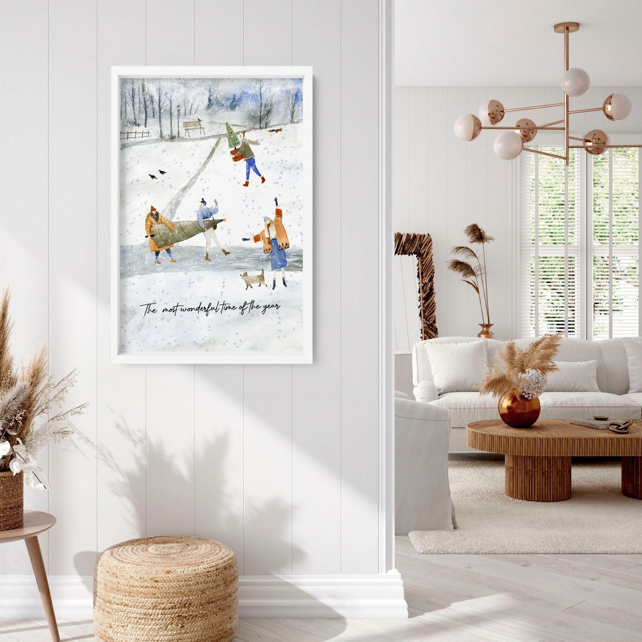 A beautifully designed Christmas wall hanging decoration art print featuring snowflakes and Christmas trees in muted colors.