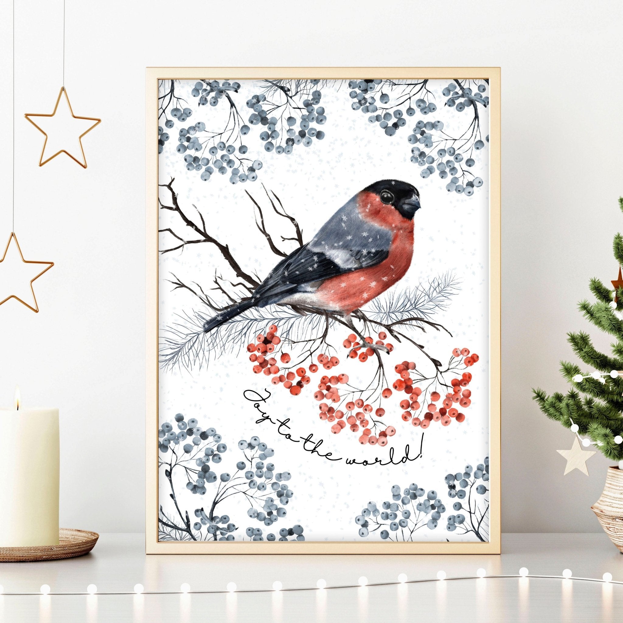 Christmas wall hangings art print featuring a charming robin bird and mistletoe, with the phrase 'Joy to the world' in a festive design.