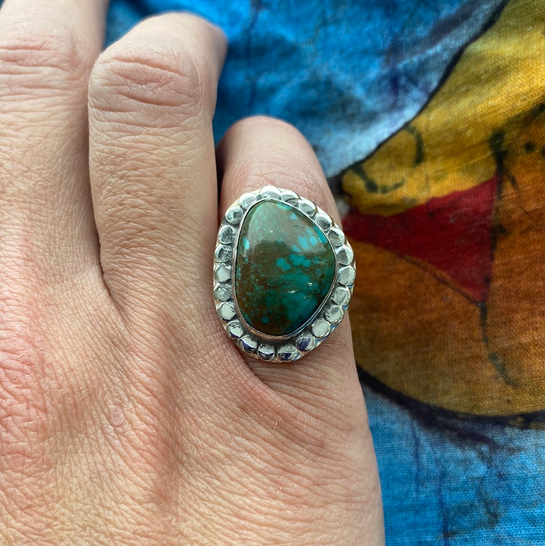 Chrysocolla Sterling Silver Ring size 6 featuring a vibrant blue-green crystal set in polished sterling silver.