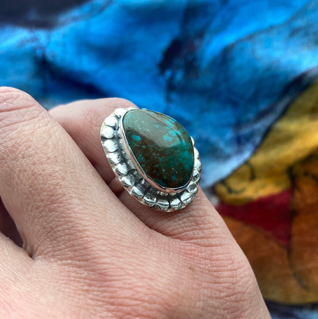 Chrysocolla Sterling Silver Ring size 6 featuring a vibrant blue-green crystal set in polished sterling silver.