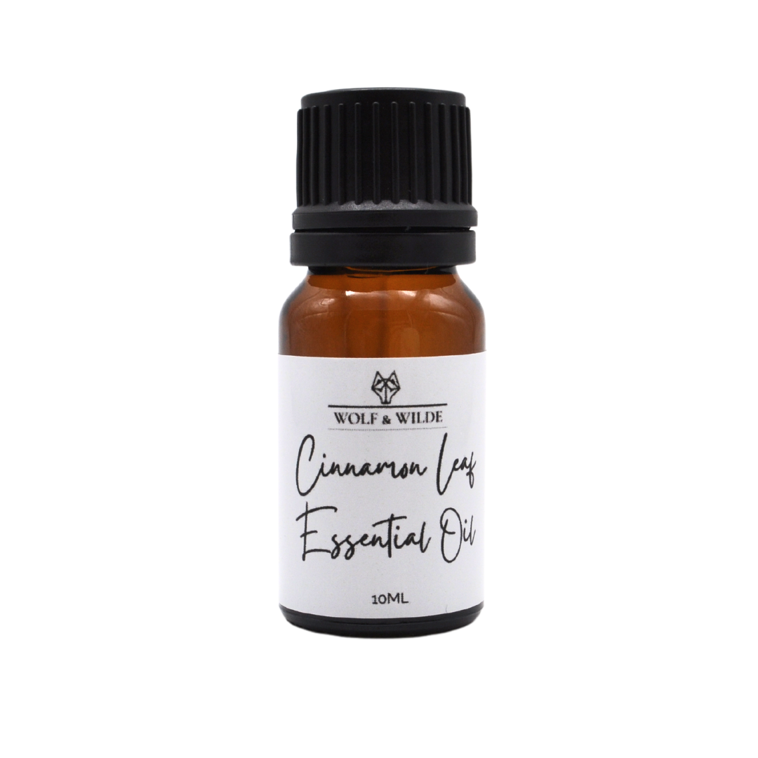 A 10ML bottle of Cinnamon Leaf Organic Pure Essential Oil with a dark amber color, featuring a dropper cap and surrounded by cinnamon leaves.