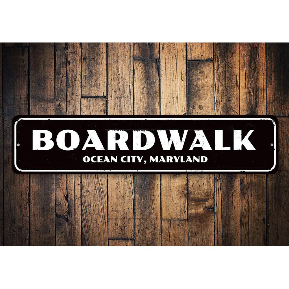 Customizable City Name Boardwalk Sign made of high-quality aluminum, featuring a beach-themed design perfect for coastal decor.