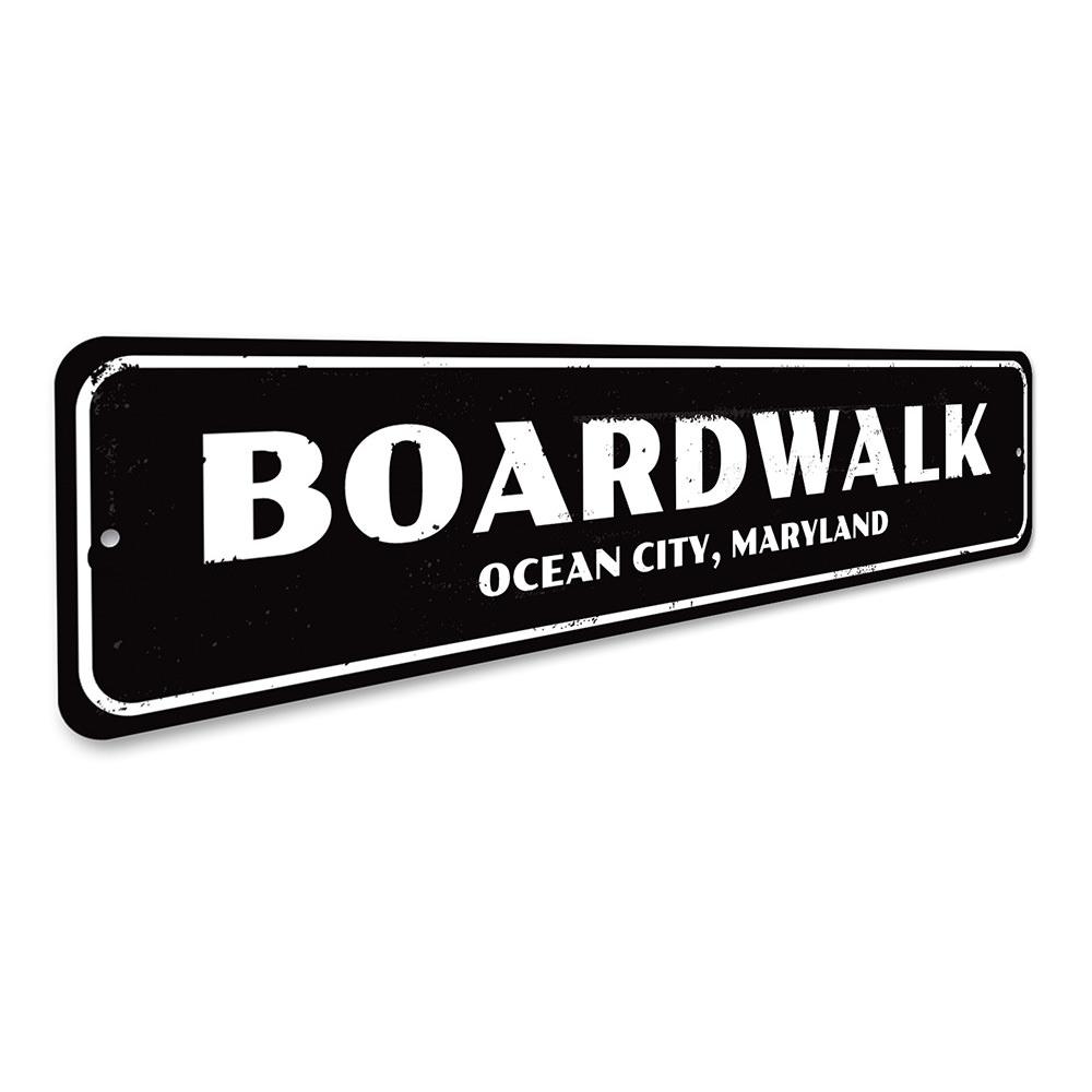 Customizable City Name Boardwalk Sign made of high-quality aluminum, featuring a beach-themed design perfect for coastal decor.