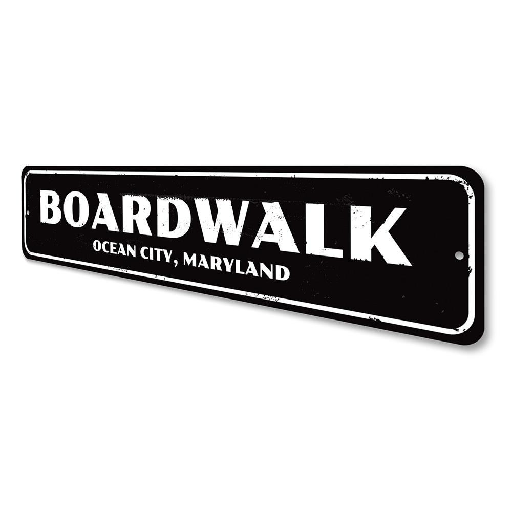 Customizable City Name Boardwalk Sign made of high-quality aluminum, featuring a beach-themed design perfect for coastal decor.