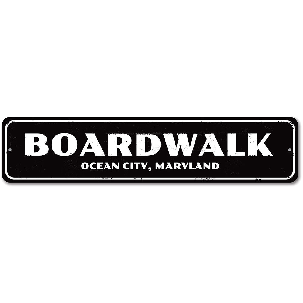 Customizable City Name Boardwalk Sign made of high-quality aluminum, featuring a beach-themed design perfect for coastal decor.