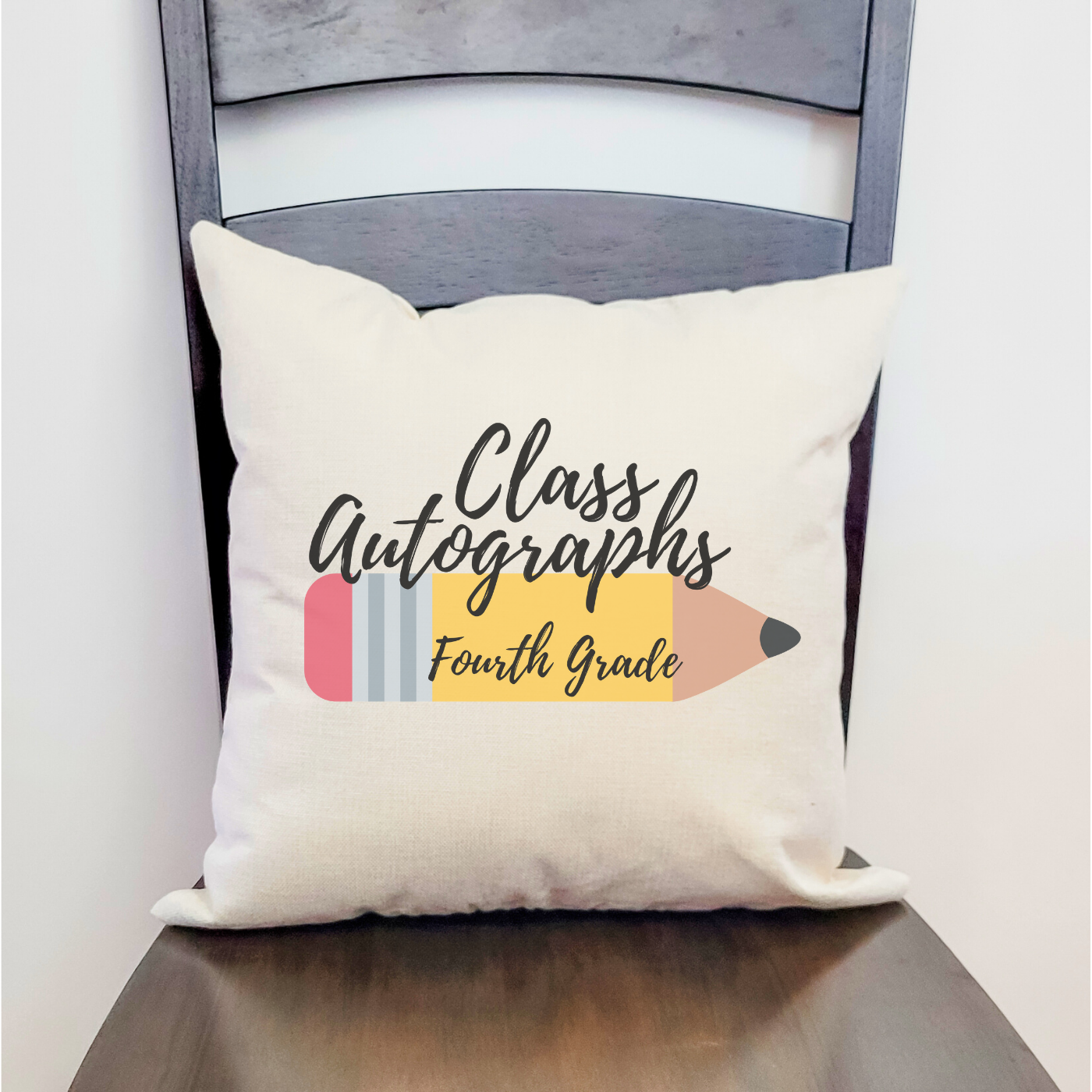 Class Autographs 4th Grade Pillow Cover in Farmhouse Beige, featuring space for signatures and messages.