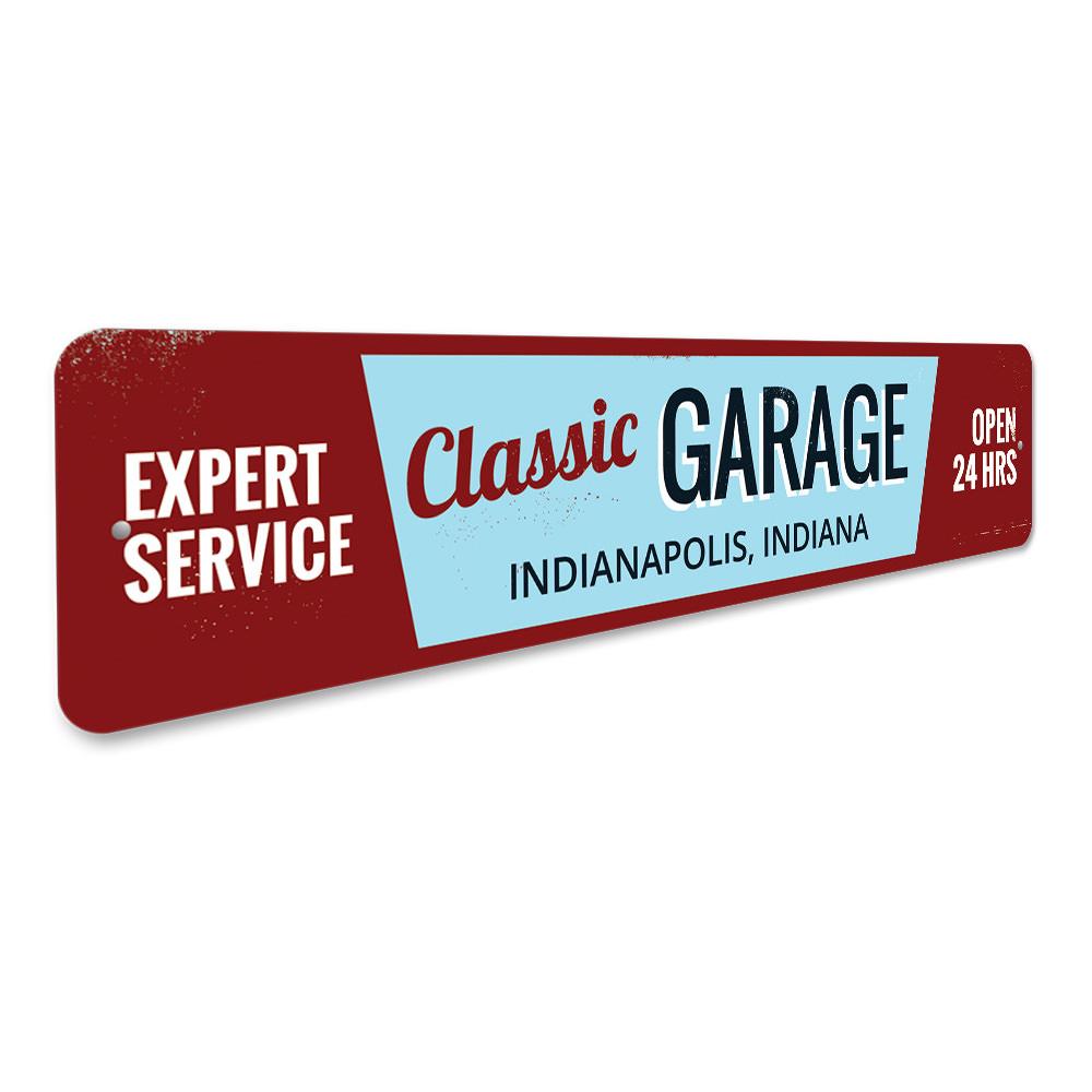 Classic Garage City State Sign made of high-quality aluminum, featuring customizable text for personalization, perfect for home decor.
