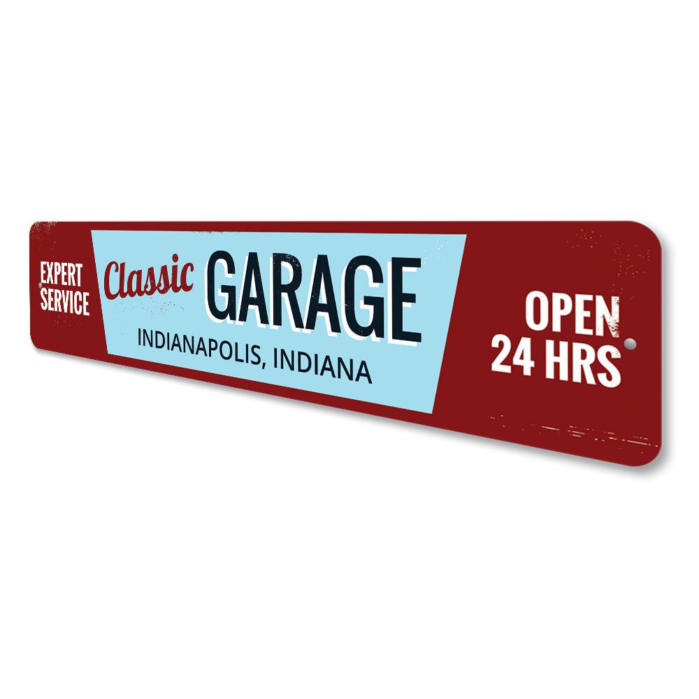 Classic Garage City State Sign made of high-quality aluminum, featuring customizable text for personalization, perfect for home decor.