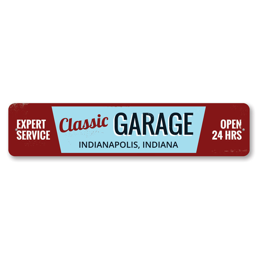 Classic Garage City State Sign made of high-quality aluminum, featuring customizable text for personalization, perfect for home decor.