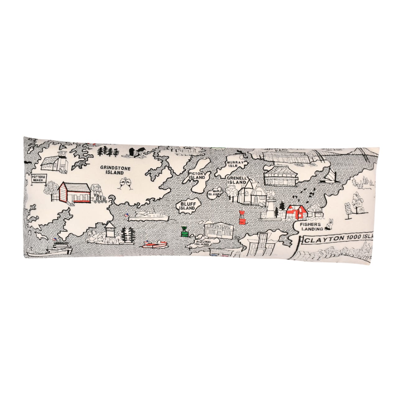 Custom 1000 Islands Pillow featuring vibrant colors and a design inspired by Clayton, NY, made from wool and nylon blend.