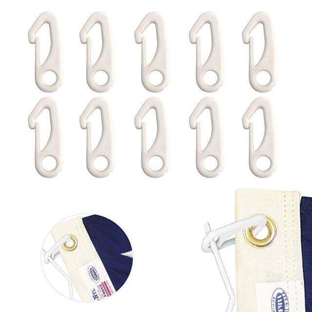 Ensemble de 10 clips en nylon pour mât de drapeau, résistants aux intempéries et anti-UV, présentés sur un fond neutre.