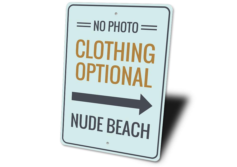 Clothing Optional Nude Beach Sign made of durable aluminum, featuring customizable text and pre-drilled holes for easy mounting.