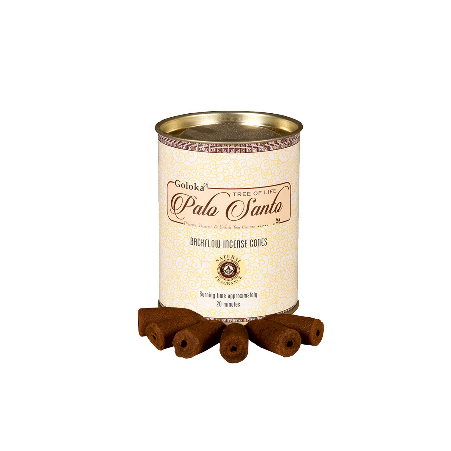 Cônes d'encens à refoulement au Palo Santo, présentés dans une boîte hermétique, symbolisant chance et transformation.