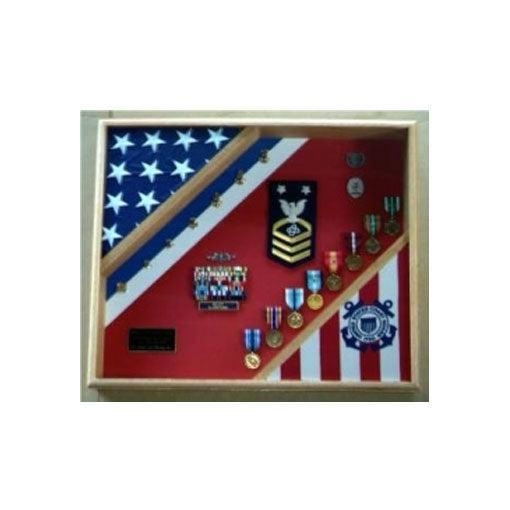 Coast Guard Flag Display Case showcasing flags and medals, crafted in Red Oak, Walnut, or Cherry.