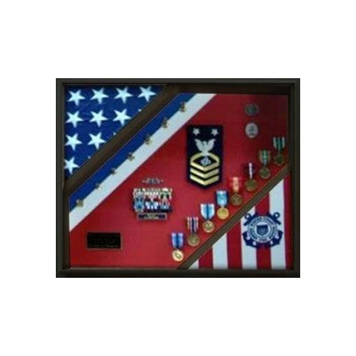 Coast Guard Flag Display featuring a plexiglass cover and black wood frame, showcasing flags and medals.