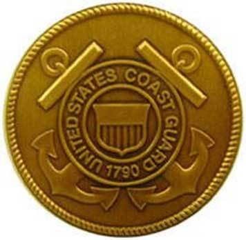 Solid brass medallion featuring the official United States Coast Guard logo, showcasing intricate 3D detailing and an antique finish.