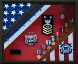 USCG Cutter Shadow Box displaying flags and medals, crafted in Red Oak with a blue background.
