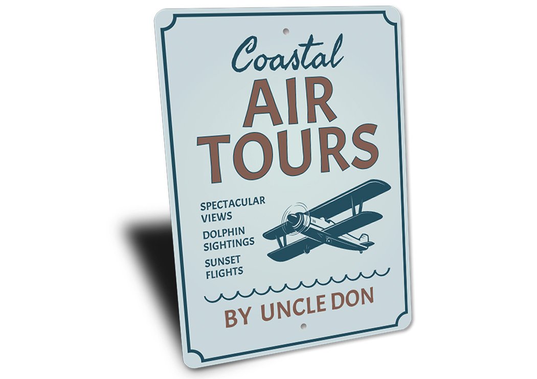 Coastal Air Tours Aviation Sign made of high-quality aluminum, featuring vibrant colors and a decorative aviation theme, perfect for home decor.