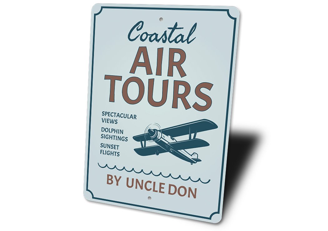 Coastal Air Tours Aviation Sign made of high-quality aluminum, featuring vibrant colors and a decorative aviation theme, perfect for home decor.