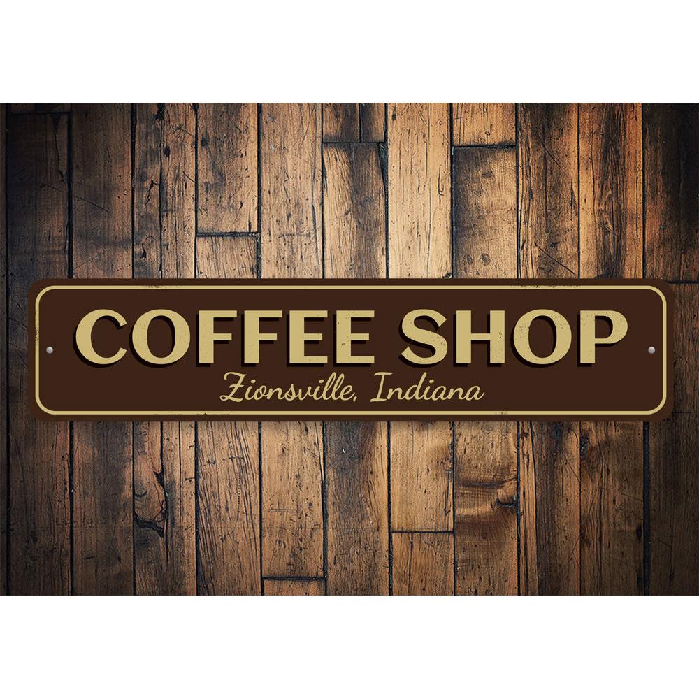 Customizable Coffee Shop City State Sign made of aluminum, featuring a stylish design suitable for cafes and restaurants.