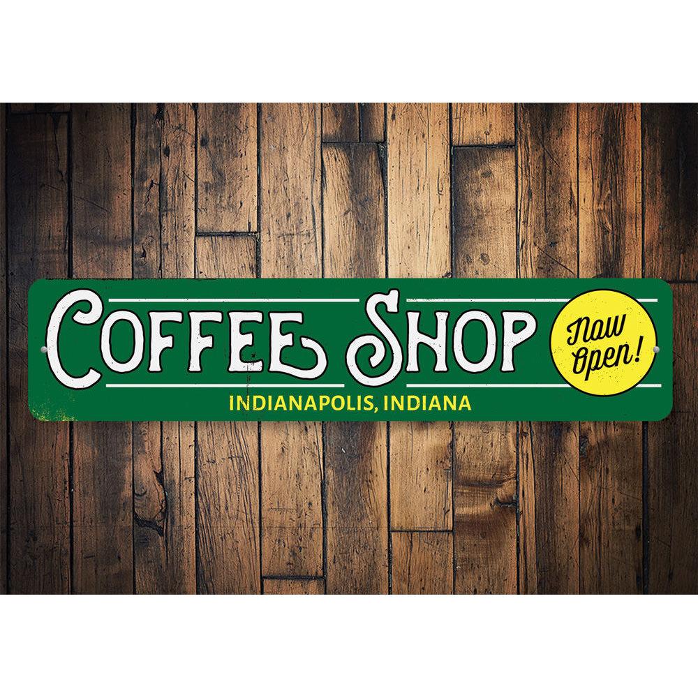 Customizable Coffee Shop Location Sign made of durable aluminum, featuring pre-drilled holes for easy mounting.
