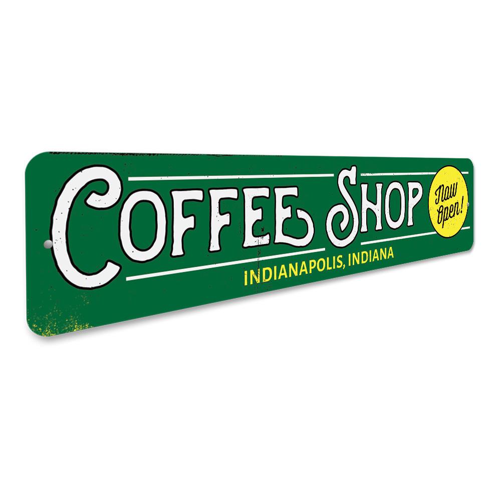 Customizable Coffee Shop Location Sign made of durable aluminum, featuring pre-drilled holes for easy mounting.