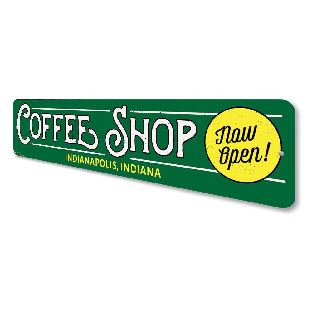 Customizable Coffee Shop Location Sign made of durable aluminum, featuring pre-drilled holes for easy mounting.