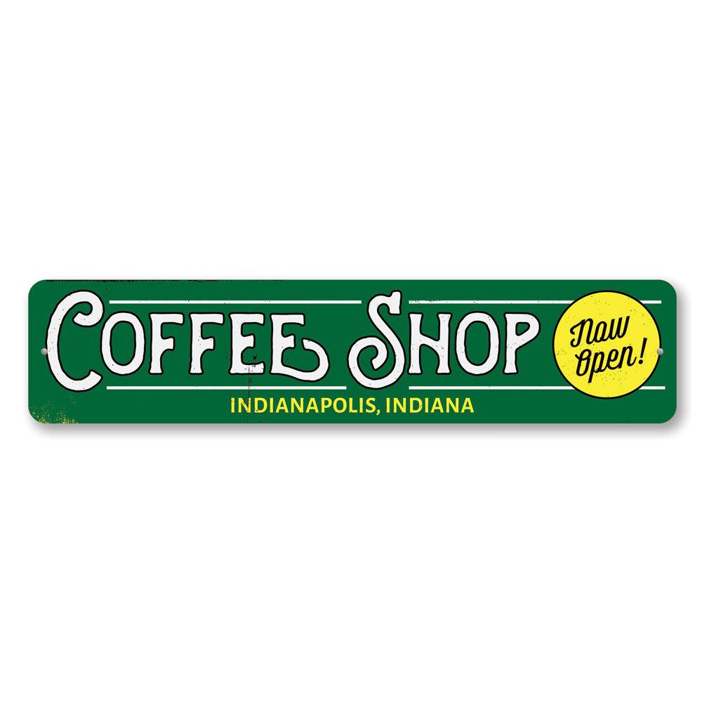Customizable Coffee Shop Location Sign made of durable aluminum, featuring pre-drilled holes for easy mounting.