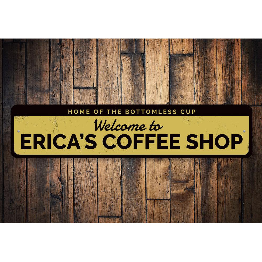 A decorative Coffee Shop Welcome Sign made of high-quality aluminum, featuring customizable text and pre-drilled holes for easy mounting.