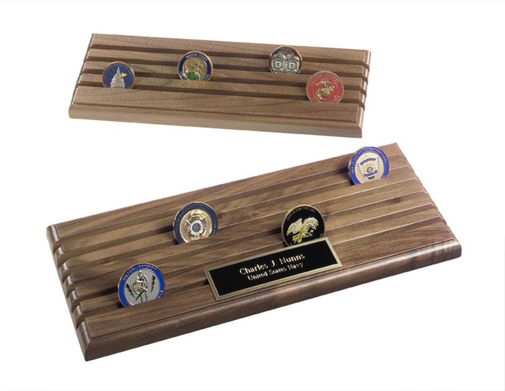 A beautifully crafted walnut wood coin display rack with 6 rows, designed to hold up to 36 Challenge Coins, showcasing its elegant finish.