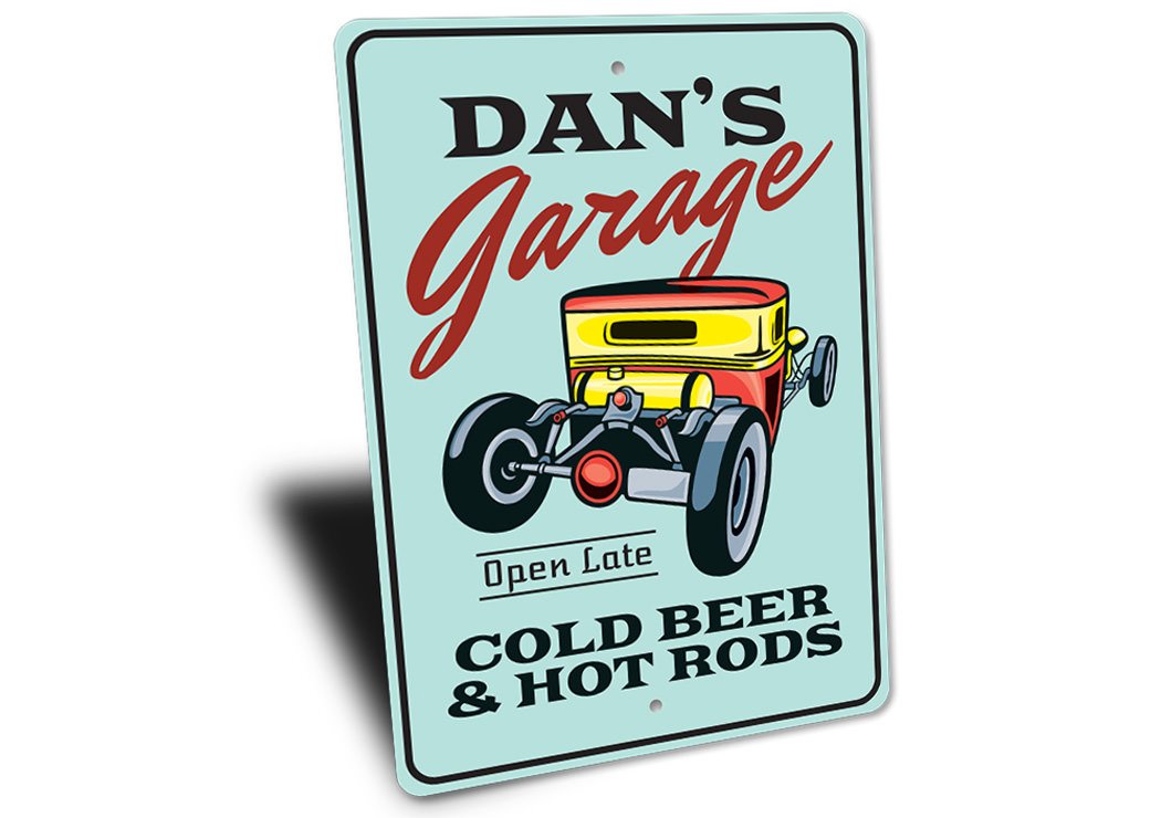 Cold Beer and Hot Rods Garage Sign made of aluminum, featuring vibrant colors and customizable text for a personalized touch.
