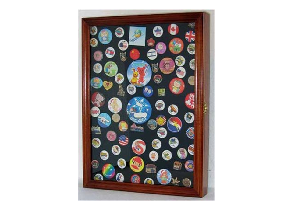 Elegant solid wood display case for pins and medals with a black matted background.