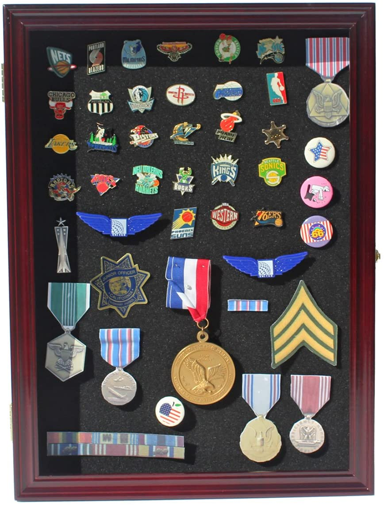 Solid wood collector medal display case with black matted background, showcasing various pins and medals.