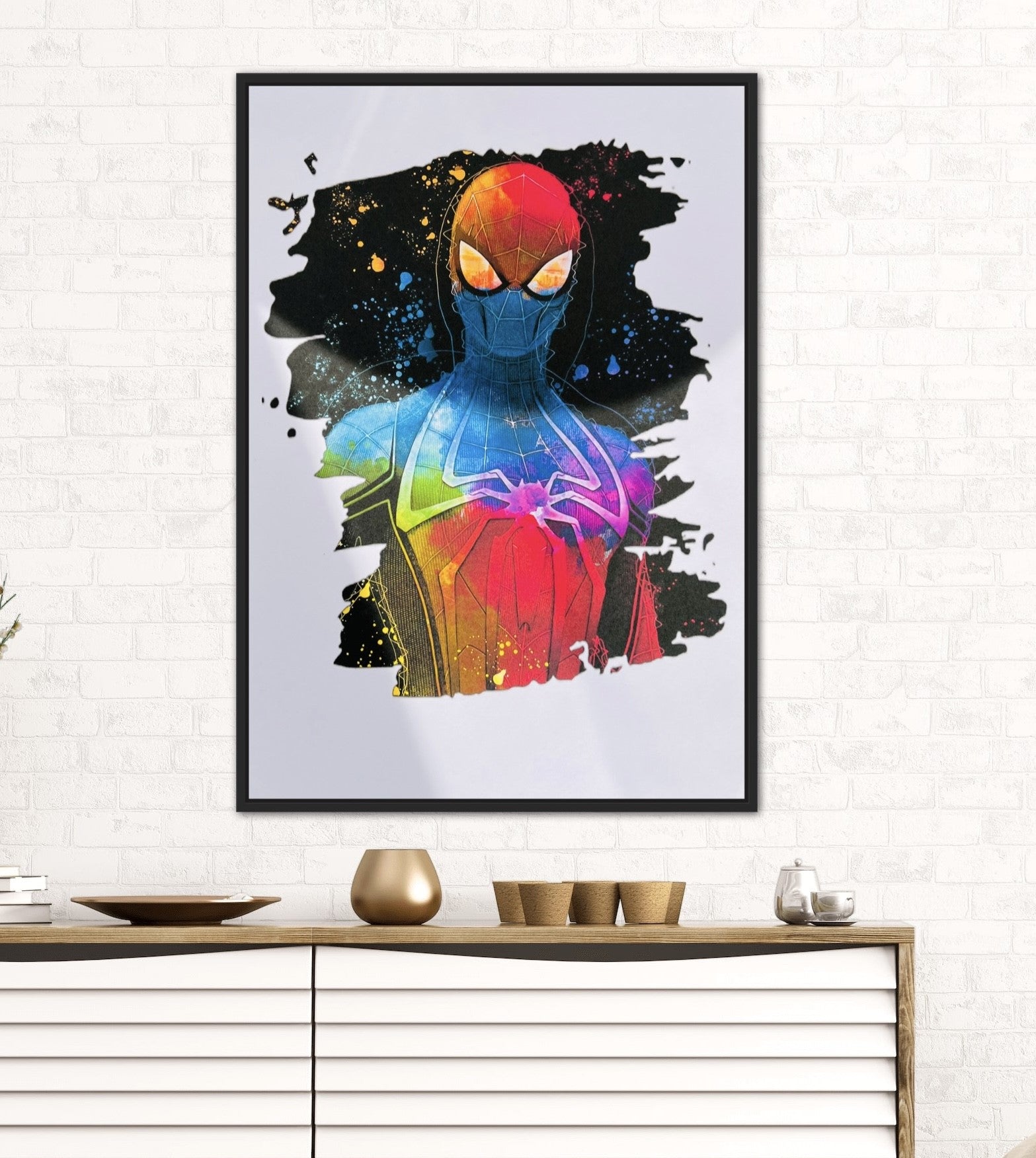 Vibrant Spider-Man print featuring splashed edges, showcasing bold reds and blues.
