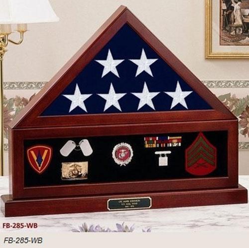 Combination Flag Display Case Shadow Box showcasing a flag and medals with a solid wood base in various color options.