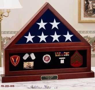 Combination Flag Display Case Shadow Box showcasing a flag and medals, crafted from Appalachian Hardwood with a Queen Anne Cherry finish.