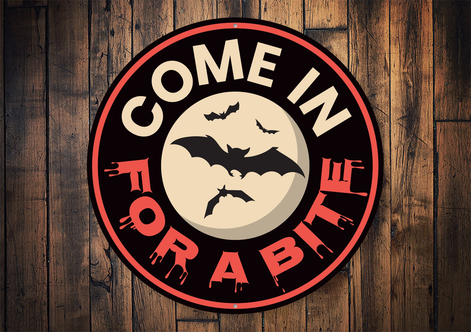 A decorative metal sign reading 'Come in for a Bite', showcasing quality aluminum craftsmanship with a rustic design.